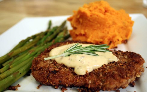 Pecan Crusted Seitan with Creamy Mustard Sauce, Coconut Mashed Sweet Potatoes, and Asparagus in Orange Sauce